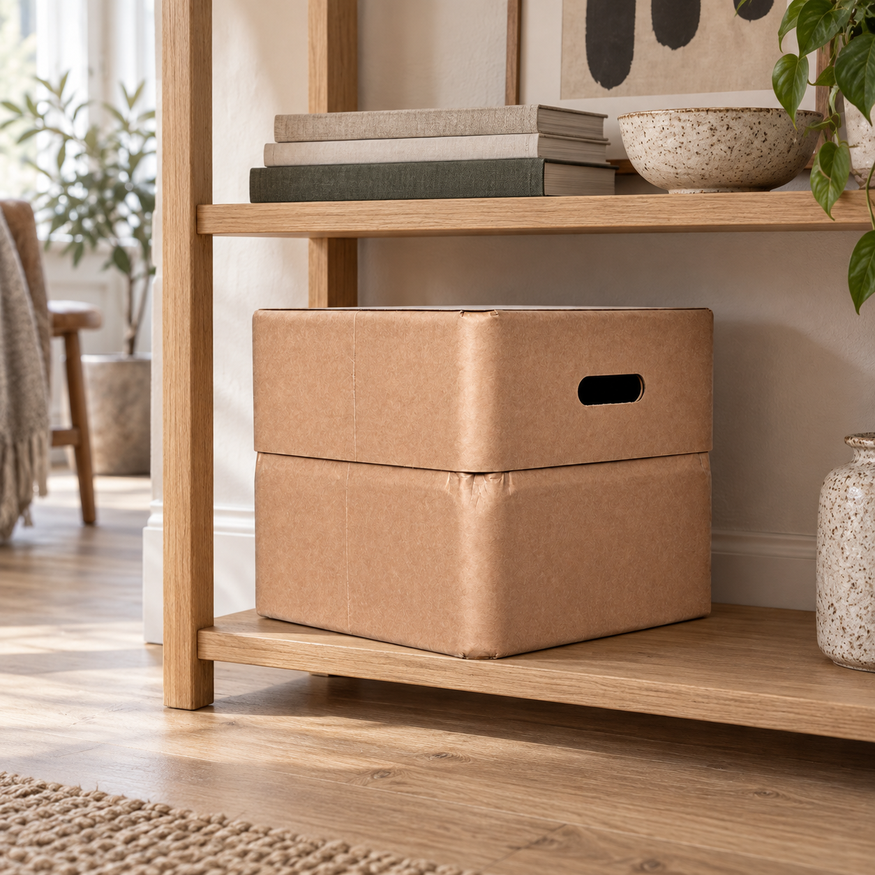 MULGEO H34 Box-Chair in Nature on an oak shelf with books and ceramics