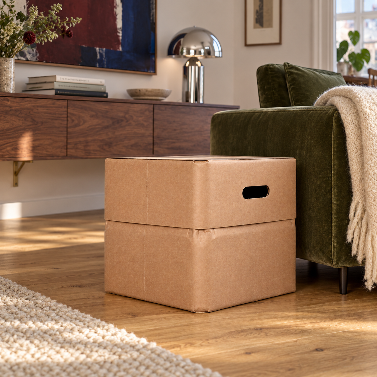 MULGEO H34 Box-Chair in Nature used as a storage box beside a green sofa