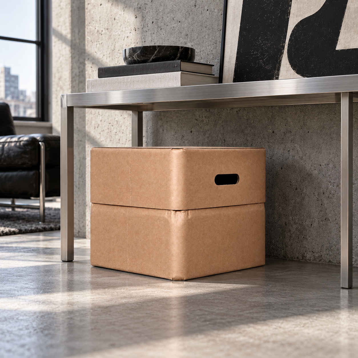 MULGEO H34 Box-Chair in Nature beneath a steel console in an industrial interior